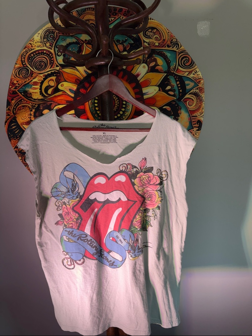 the Rolling Stones Tank Top - White with Red, Blue & Pink Graphic